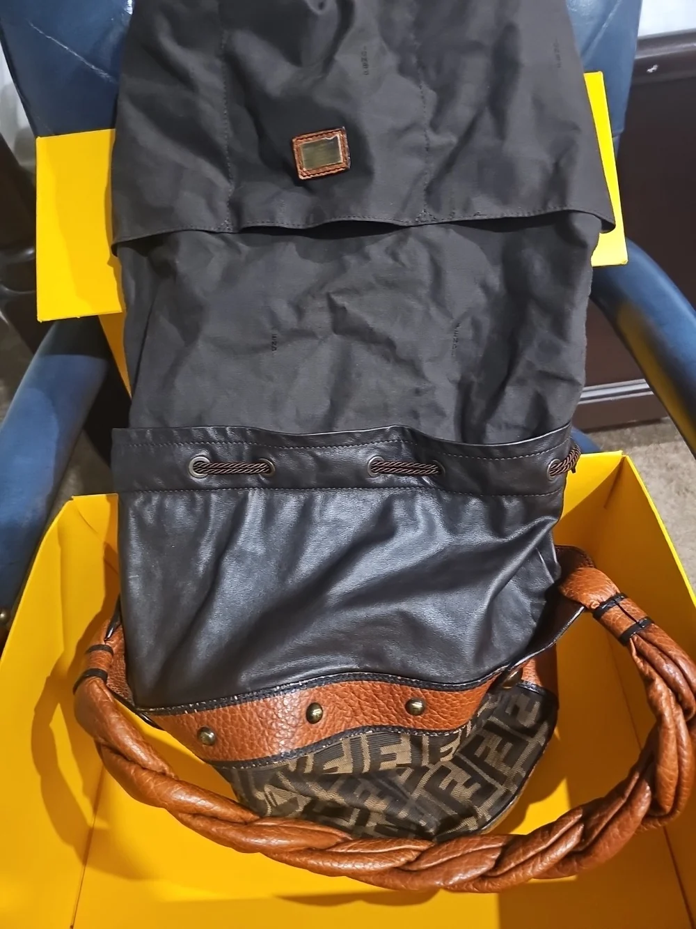 Authentic FENDI Zucca B.Mix Bucket Bag 8BR555 Braided Handle FULL SET Box